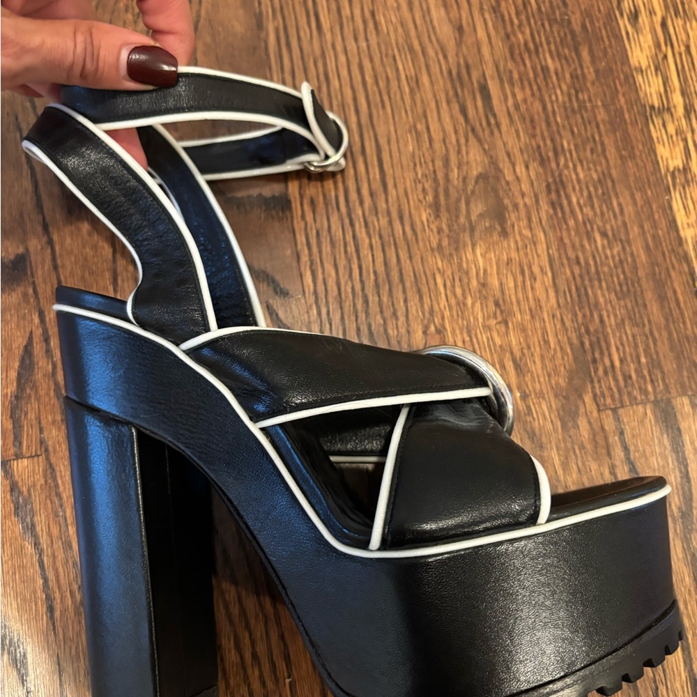 Chunky Genuine Leather Black Platform Sandals with White Trim